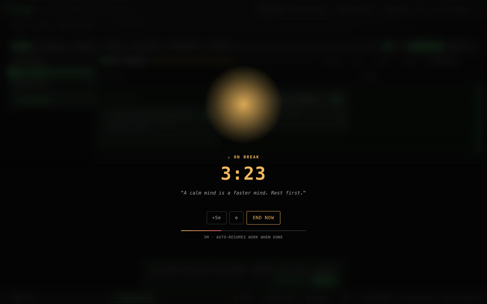 An aro.day break in progress: a softly breathing orb over the dimmed board, with a calm prompt and a five-minute countdown.