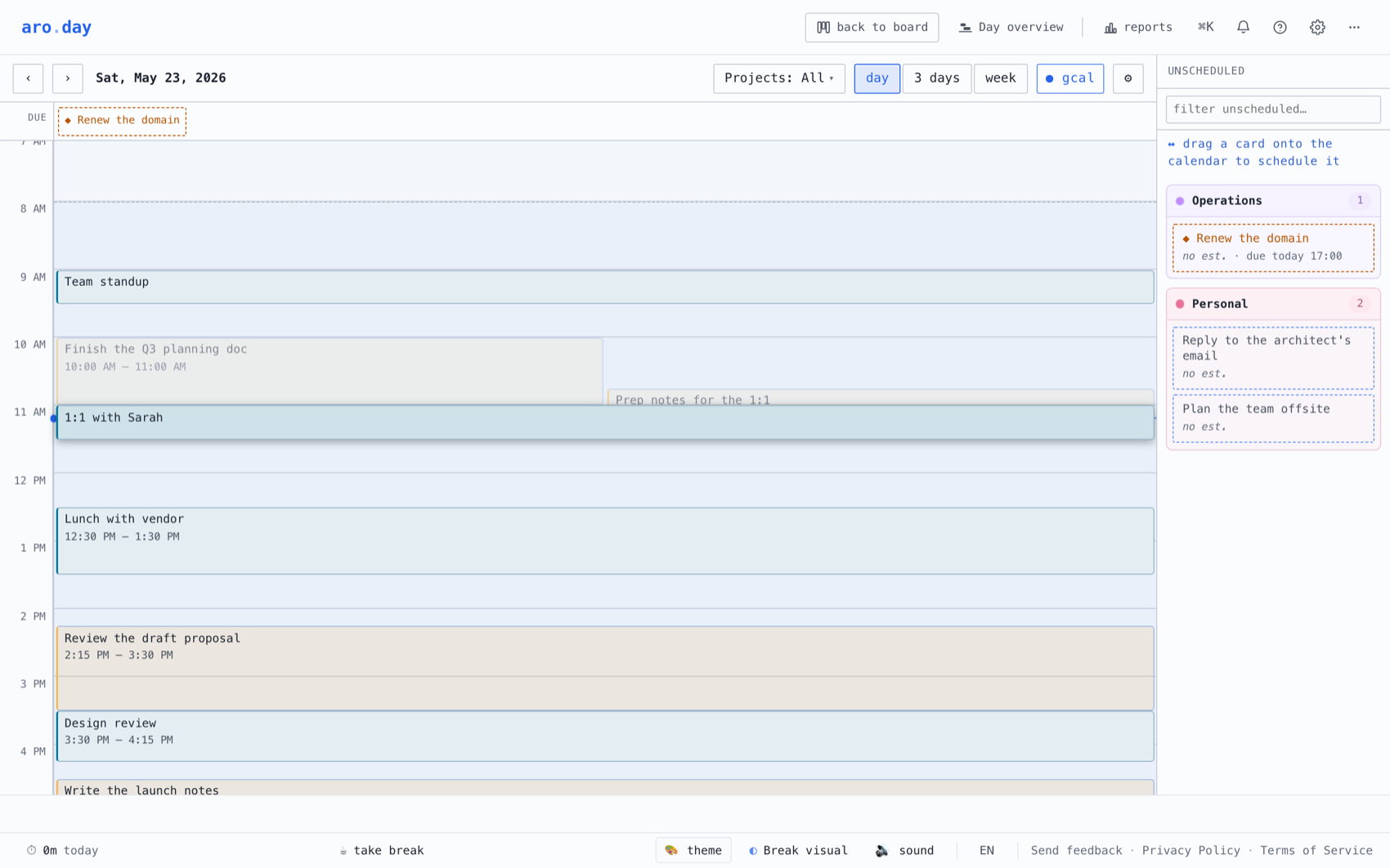 The aro.day calendar with Google Calendar connected: aro.day tasks in amber interleaved with Google events in blue (Team standup, 1:1 with Sarah, Lunch, Design review). A 15-minute prep block sits next to the 1:1, auto-created from the meeting.