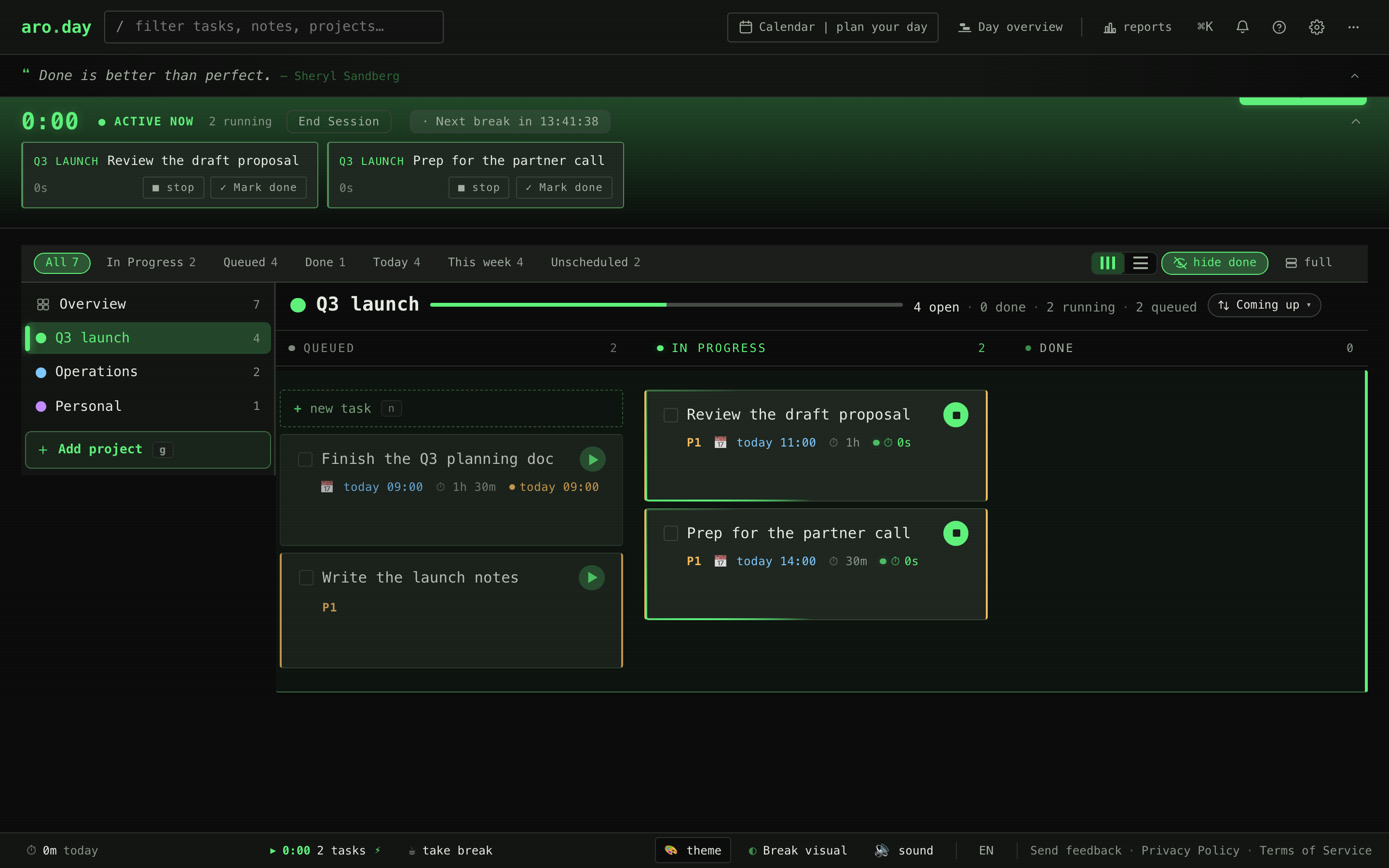 The aro.day board with two focus timers running at once in the active bar above the kanban.