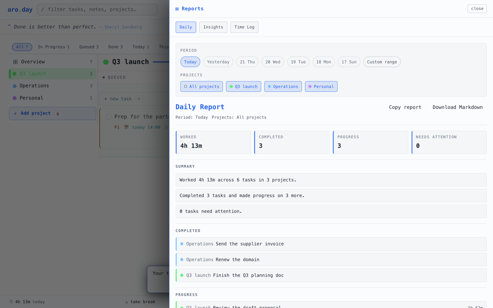 The aro.day daily report: time worked, tasks completed and in progress, summary across all projects, with a one-click markdown export.